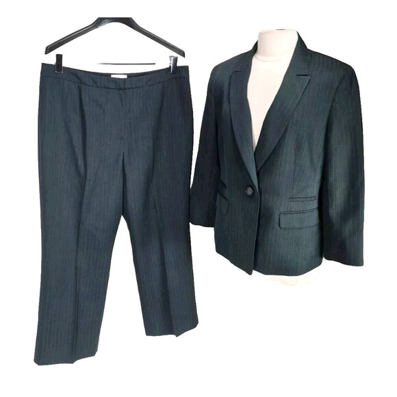 Le Suit Women Career Pantsuit Size 14 Pinstriped Charcoal One Button Blazer 197P - Picture 1 of 10